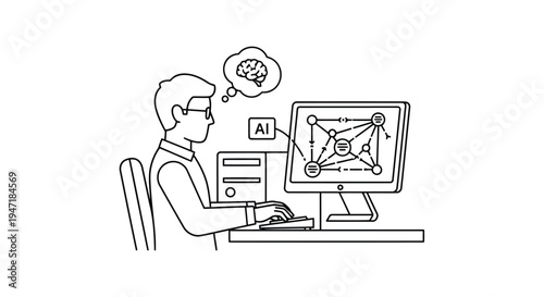 Man working on computer with AI and neural network diagram on screen in flat illustration style isolated on white background