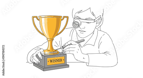 Man polishing trophy cup with engraving tool on , cartoon flat design isolated on white background