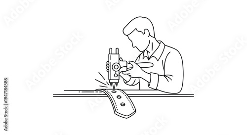 Man working with industrial sewing machine on leather belt flat vector isolated on white background