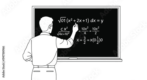 Man writing math equations on blackboard in flat line art style isolated on white background