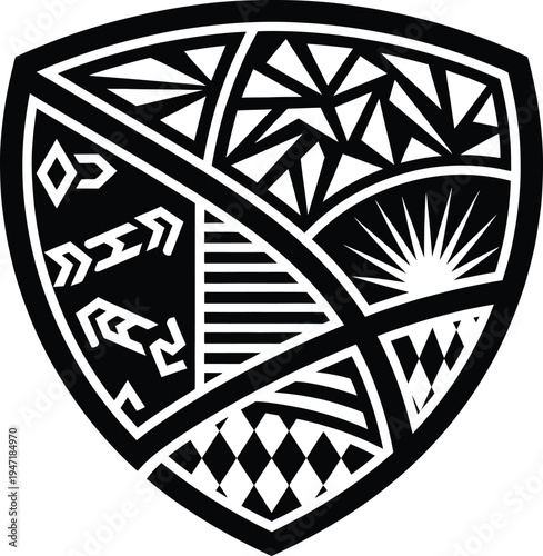 Polynesian tribal tattoo in shield shape with traditional maori patterns cultural symbol vector artwork.