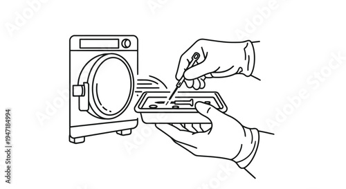 Line drawing of hands putting filter in washing machine isolated on white background