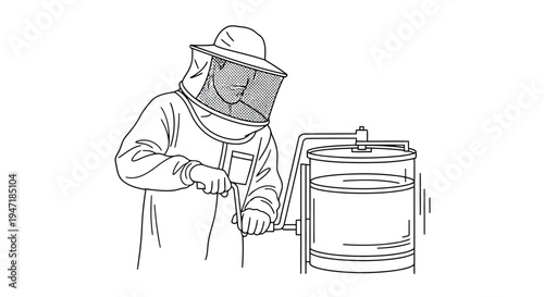 Beekeeper in protective clothing smoking a bee smoker outdoors isolated on white background