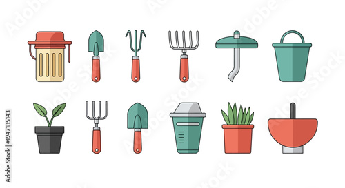 Gardening tools and supplies for a thriving garden, featuring pots, shovels, rakes, and a watering can for plant care