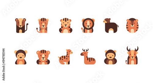 Charming collection of diverse wild animals in a simple, playful vector art style, ideal for children's books, educational materials, and engaging digital designs