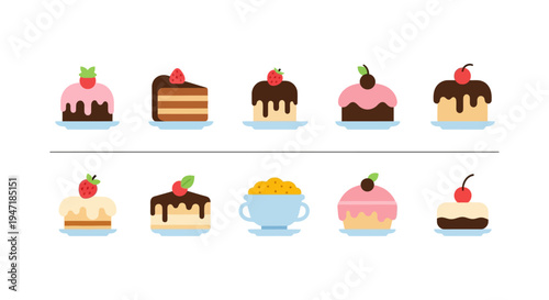 A delightful collection of cartoon cakes and pastries, perfect for baking, dessert, and celebration themes