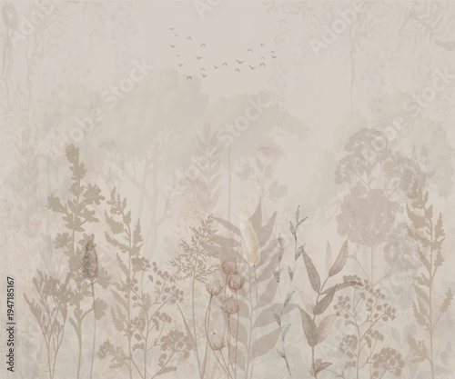 hand-drawn elegant and unique tree , vintage art nature mural background