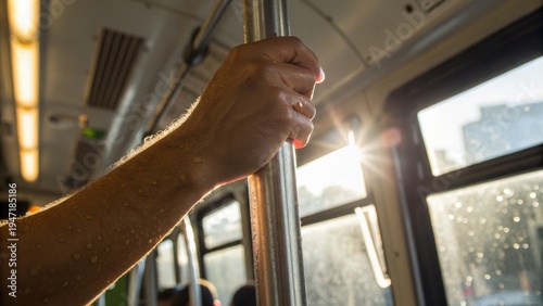 A hand gripping a wet metal pole inside a bus, with sunlight streaming through the window and water droplets visible on the skin and glass.