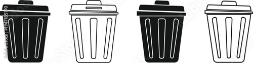 Trash bin icon set, garbage waste container silhouettes and outline symbols, recycle disposal vector illustration, household sanitation trash can collection