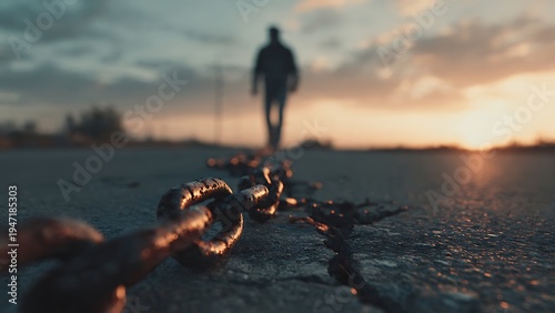 Realistic Cinematic Photo of a Man Walking Away from Broken Chains at Dawn
