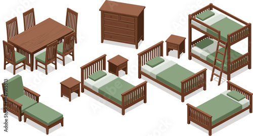 Wooden bedroom and dining furniture collection vector, bed bunk bed table chair dresser set, home interior furniture illustration isolated