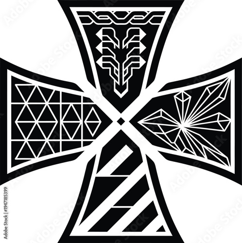 Futuristic maltese cross variant with technical line work and faceted mineral clusters representing power and science icon.