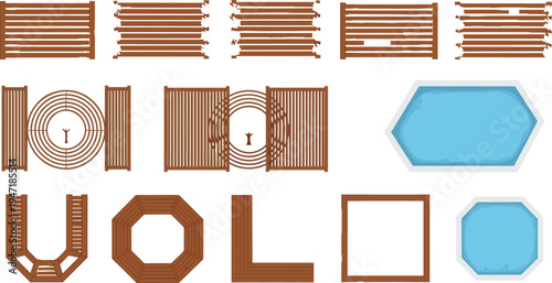 Wooden deck furniture top view set, park bench layouts and pool shapes, landscape garden design elements, outdoor patio vector collection