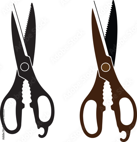 Set of metal scissors with sharp blades and handles isolated on white background