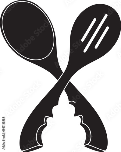 Black and white illustration of crossed spoon and fork