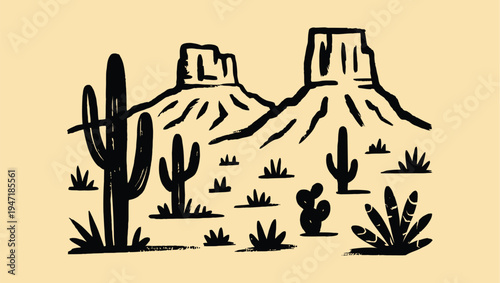 A desert landscape featuring a majestic cactus standing tall in front of a rugged mountain range with a stunning silhouette effect