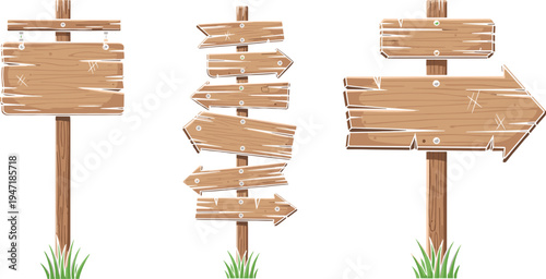 Wooden directional signpost and blank billboard illustration set with rustic timber planks and arrows isolated on white background for outdoor information concepts,