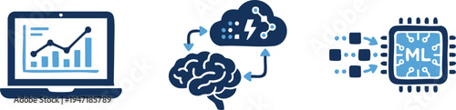 Set of 3 blue technology icons vector, data analysis, AI, and microchip