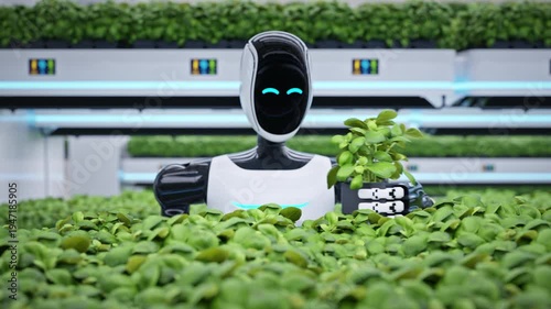 Wallpaper Mural Advanced AI-powered humanoid robot inspecting a plant in a fully automated greenhouse. Smart farming and AI robotics concept. Future sustainable agriculture technology. 3d animation rendering Torontodigital.ca