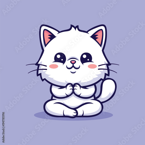 Cartoon Cute White Cat Meditating in Yoga Position Illustration