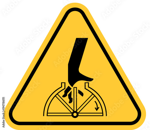 Warning sign for crushing hazard foot caught in rotating machinery safety pictogram for industrial danger isolated on white background