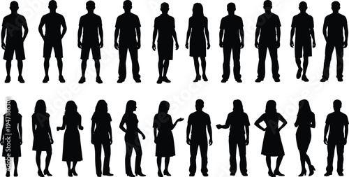 A monochromatic illustration featuring five identical human silhouettes standing in a vertical row Vector