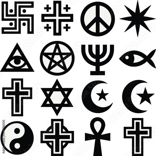 World religion symbols icon set, cross star crescent yin yang ankh and spiritual faith signs isolated vector illustration
