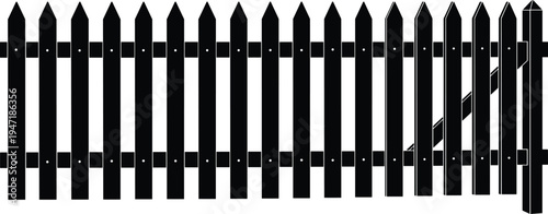 Wooden picket fence with gate, garden boundary barrier illustration isolated vector icon for yard protection, outdoor landscaping and property enclosure concept