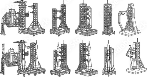rocket launch tower engineering set, space shuttle launch pad structures aerospace technology vector illustration collection