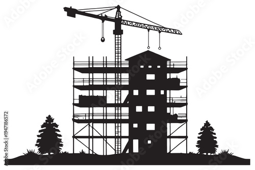 silhouette of a construction site construction site with crane