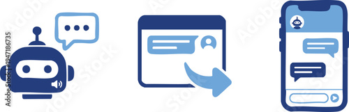 Set of 3 chatbot icons vector, blue, illustration