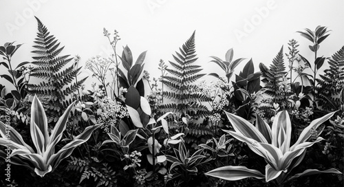 Lush Greenery and Ferns in a Dense Botanical Garden.