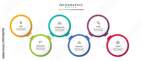 A colorful infographic template with six circles and icons for business or educational use
