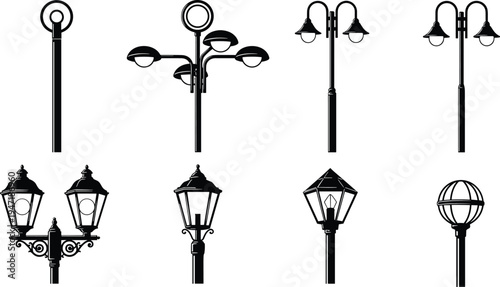 Abstract digital composition featuring metallic lamp-like structures against a vertical stripe pattern Vector