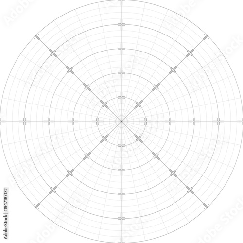 Black line radial dense grid texture with cell corners on white background. FUI science round grid backdrop. Math or technological notebook blank circular sheet.