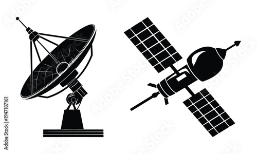 Parabolic satellite dish and orbital spacecraft with solar panels black silhouette vector