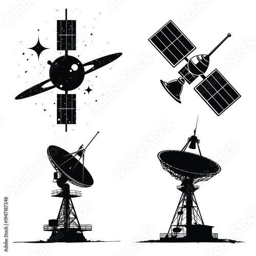 Satellite space station and large parabolic radio telescope dish silhouette vector icon set