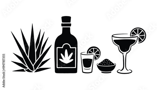 A black silhouette of a tequila bottle with glasses and lime slices on a transparent background