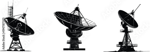 Three large radio telescope parabolic dish antenna silhouettes on tower structure vector