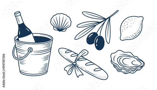 A collection of French-inspired food and drink items including wine bread olives and seafood on transparent background