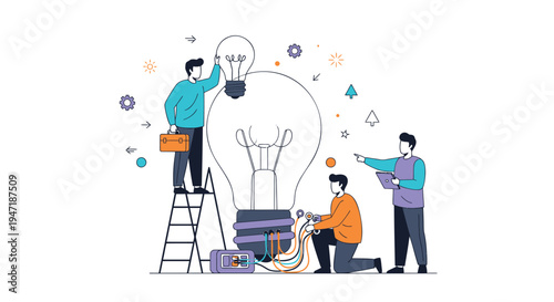 Vector illustration of 3 people working on a lightbulb with tools and ideas