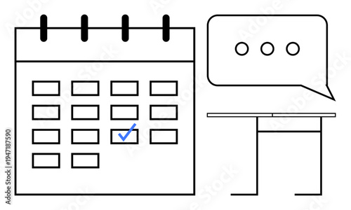 Time management, productivity planning, communication, remote work setup, task scheduling, business meetings. Calendar with checkmark, desk and speech bubble. Time management and productivity