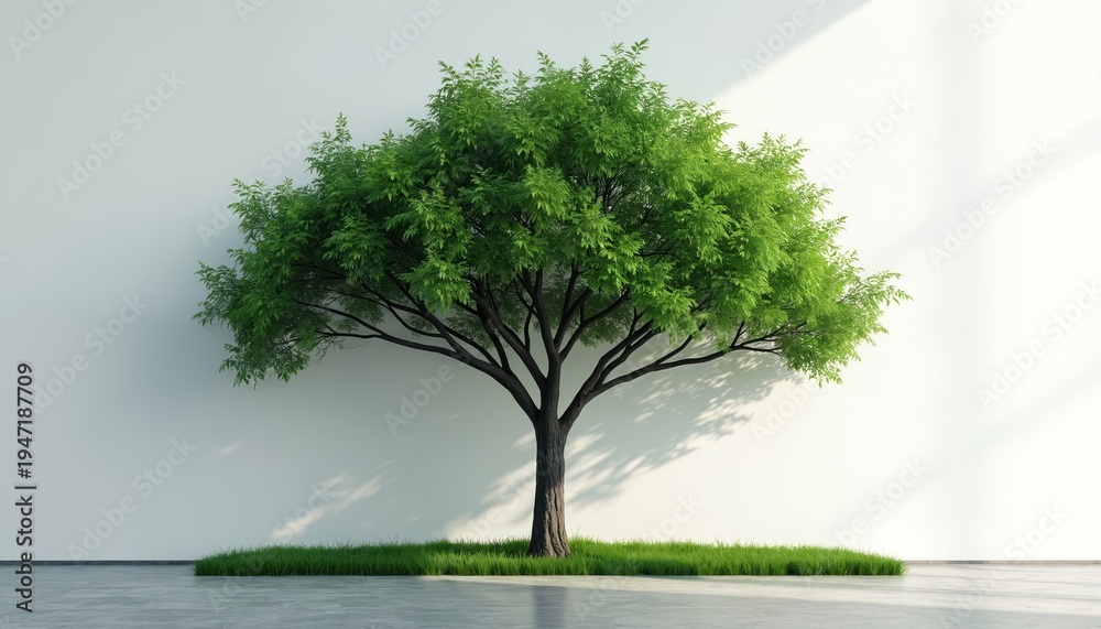 Obraz premium Minimalist tree with green leaves grows on grass patch against white wall. Sunlight creates shadows on clean floor and backdrop. Modern interior design or concept.