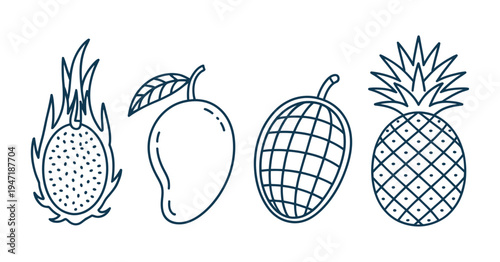 A set of four hand-drawn tropical fruit icons including a dragon fruit a mango a durian and a pineapple on transparent background