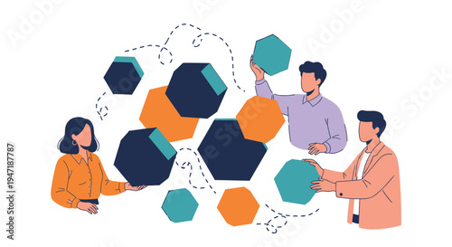 Vector illustration of 3 people connecting hexagons