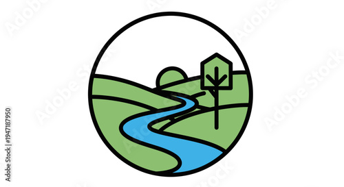 Serene landscape with rolling hills, a winding river, and trees under a clear sky