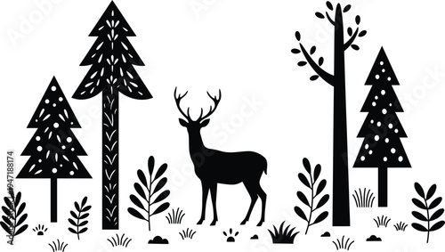 Black silhouette of a deer standing among trees and plants in a snowy forest landscape scene