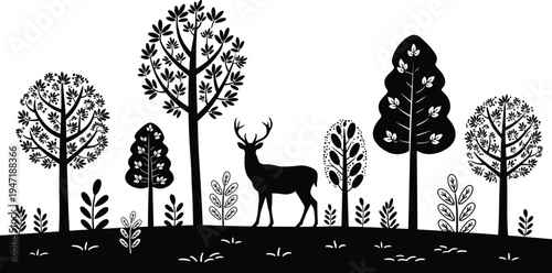 A deer standing amidst various trees and foliage in a serene natural landscape setting outdoors