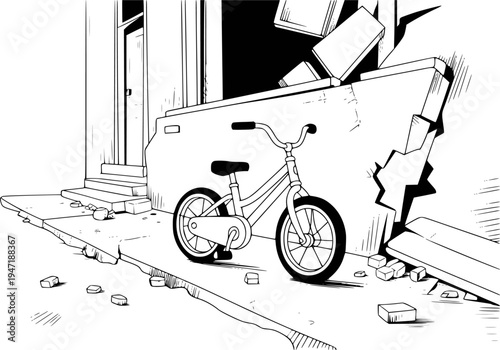 Black and white of a child's bicycle abandoned near a damaged building wall