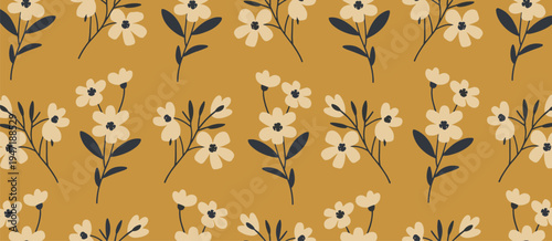 Mustard yellow background with cream and dark blue floral pattern